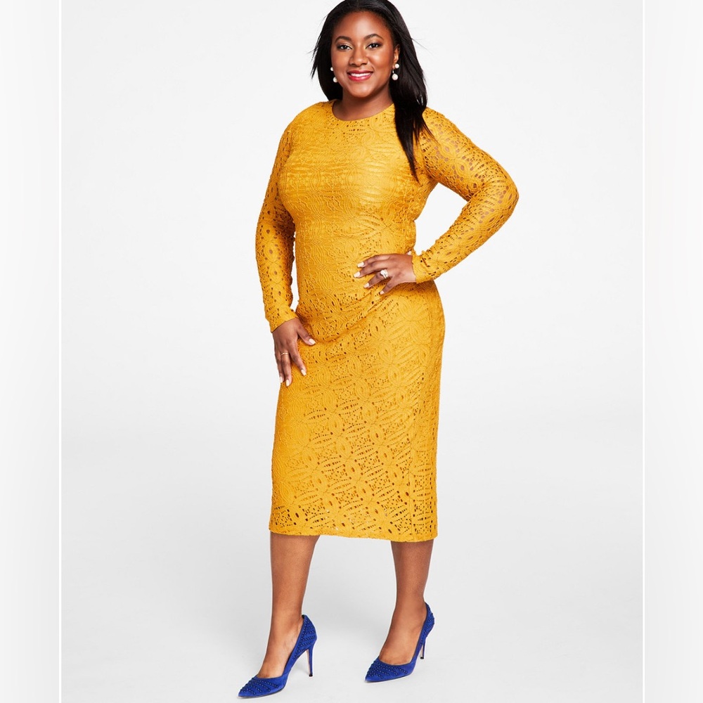 Kasper Mustard Lace Side-Pleated Bodycon Midi Dress